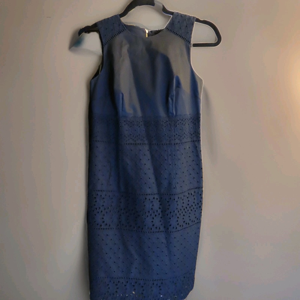 Ann Taylor Size OOP Sundress Chambray Eyelet Lace Hem Dress Coastal Fit Flare